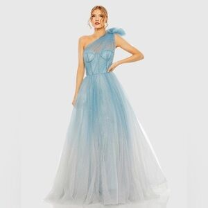 Mac Duggal 20552 NWT Blue Glitter One-Shoulder Ombre Gown with Bow